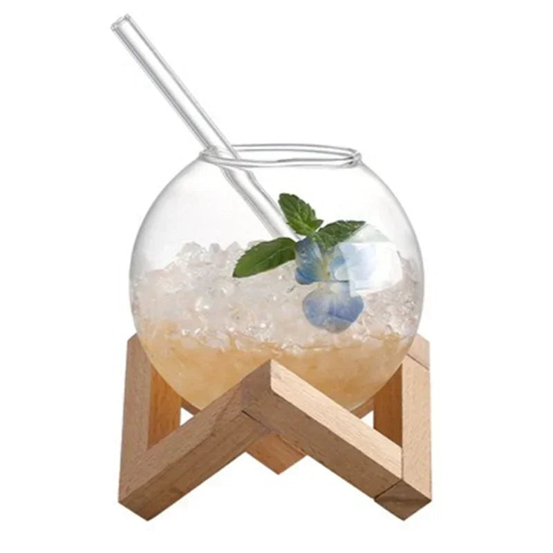 Creative Ronud Ball Glass Cup with Wood Stand Straw Wine Cocktail Glass Cup Clear Moon Ball Cold Drinking Juice Cups