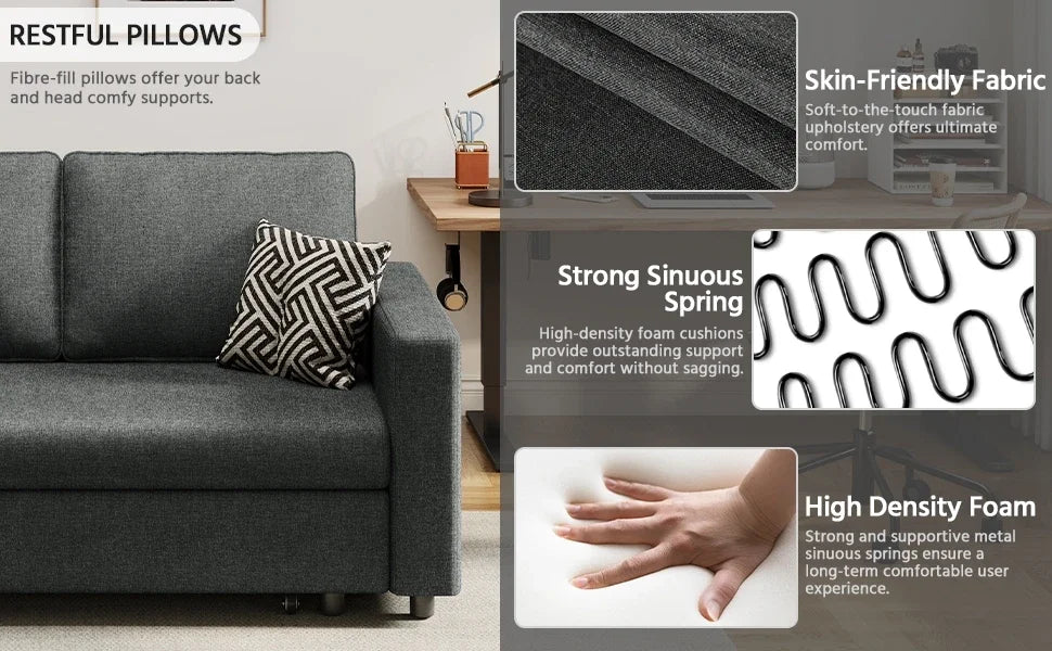 Pull-Out Trundle Bed Sleeper Sofa Convertible Couch for LimitedLiving Room Bedroom Guest Room Dark Gray 55.5 in