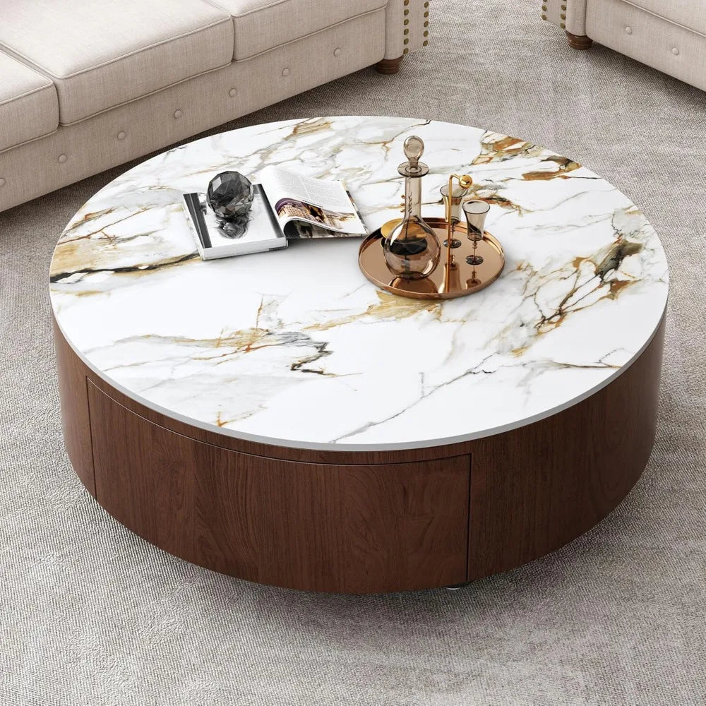 35.4” Mid-Century Modern Round Coffee Table – Marble Top with Drawers, Solid Walnut Wood