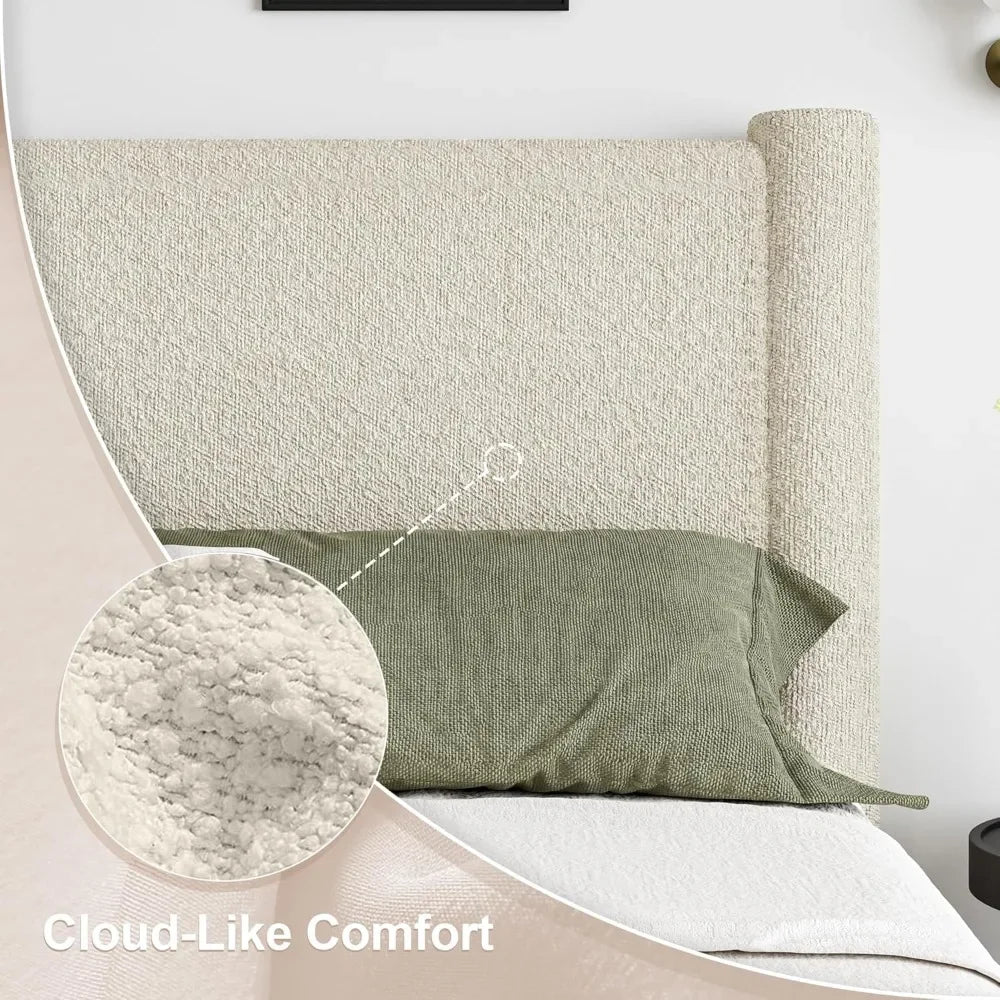 Twin Size Bouclé Upholstered Platform Bed Frame with Headboard & Footboard – Soft Rounded Corners