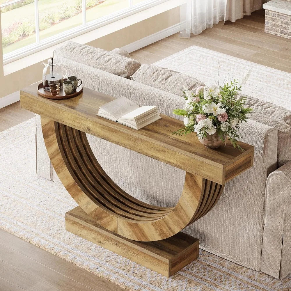 59" Long Console Table, Farmhouse Entryway Table with Half-Circle Base, Narrow Wooden Entryway Furniture for Living Room, Hallw