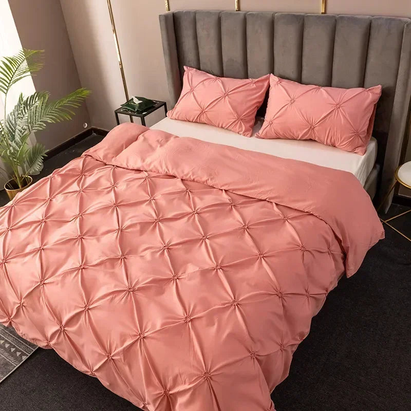 3D Buttoned Pleated Quilt Cover Set 100% Polyester Fabric Soft Skin-friendly Duvet Cover and Pillowcases Solid Color Bedding Set