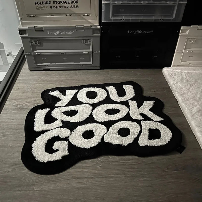 Fluffy Tufted Letter Floor Mat You Look Good Area Carpet Antislip Korean Irregular Lounge Rug Bedroom Chair Foot Pad Decor