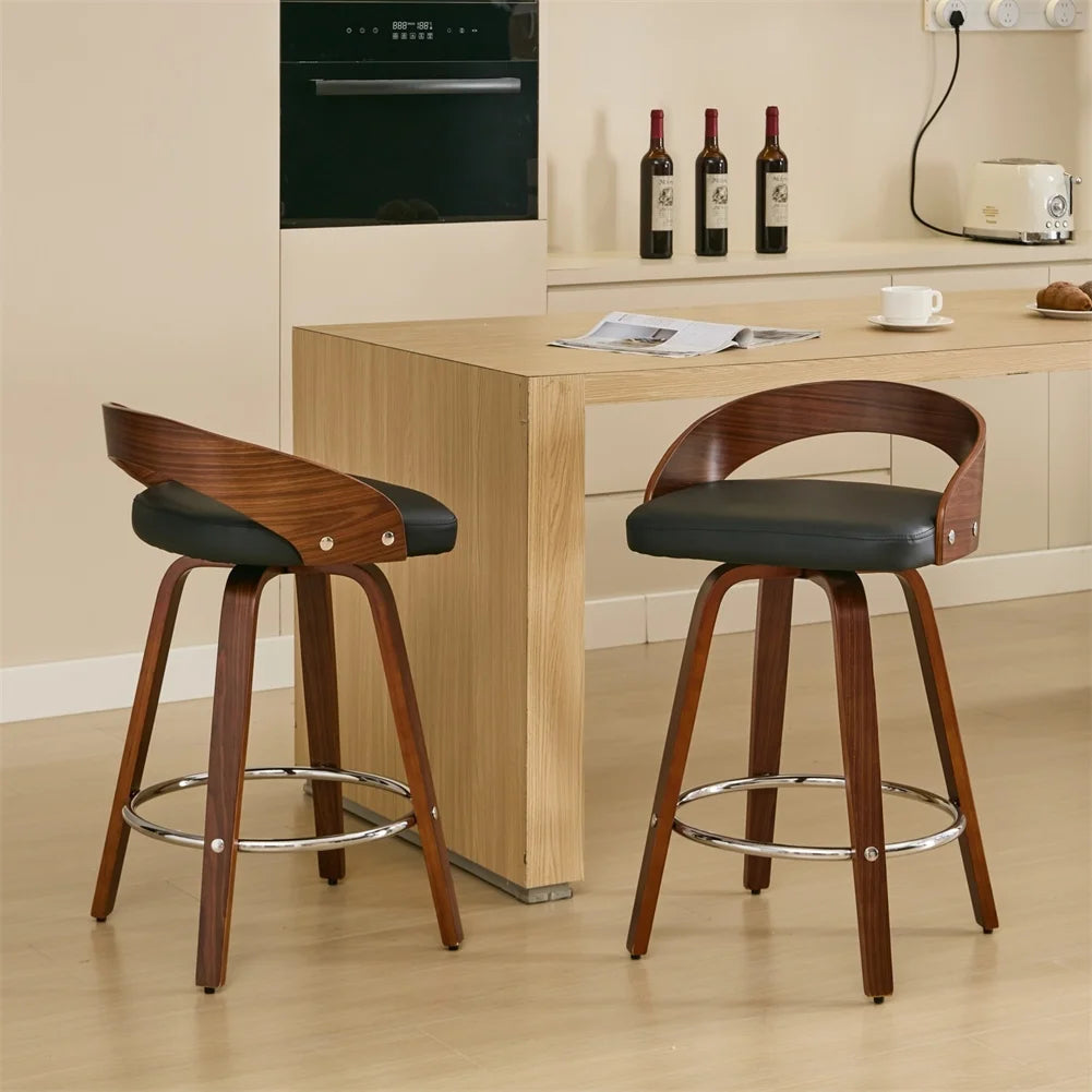 Swivel Bar Pub Stools with Low Back – Wood Legs (Set of 2)