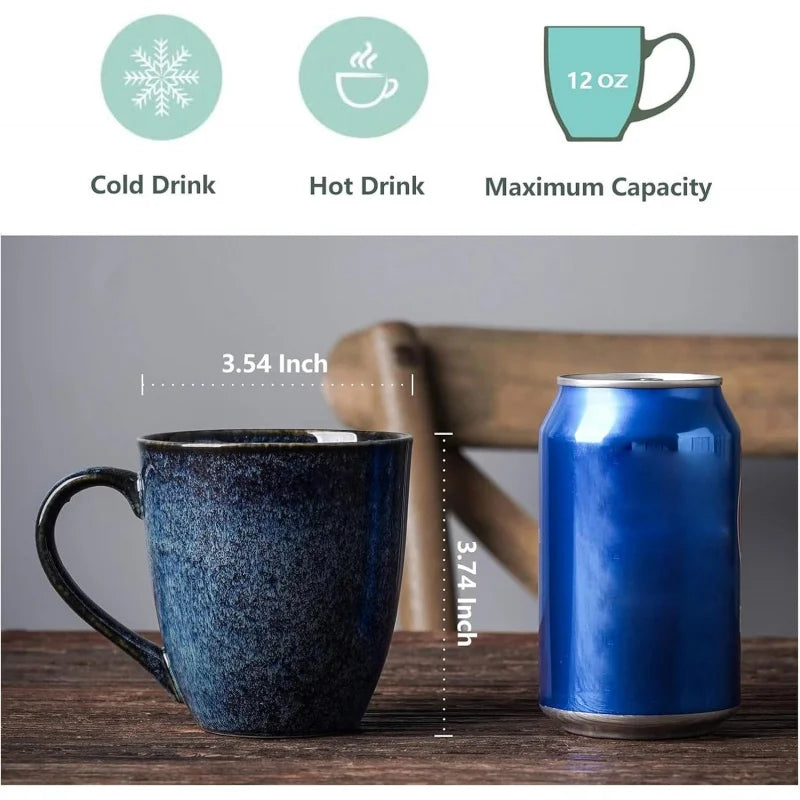 12 Ounce, Set of 6, Ceramic Mug for Men, Women, Unique Glazed Mugs with Handle for Coffee, Tea, Milk, Cocoa, Cereal(blue)
