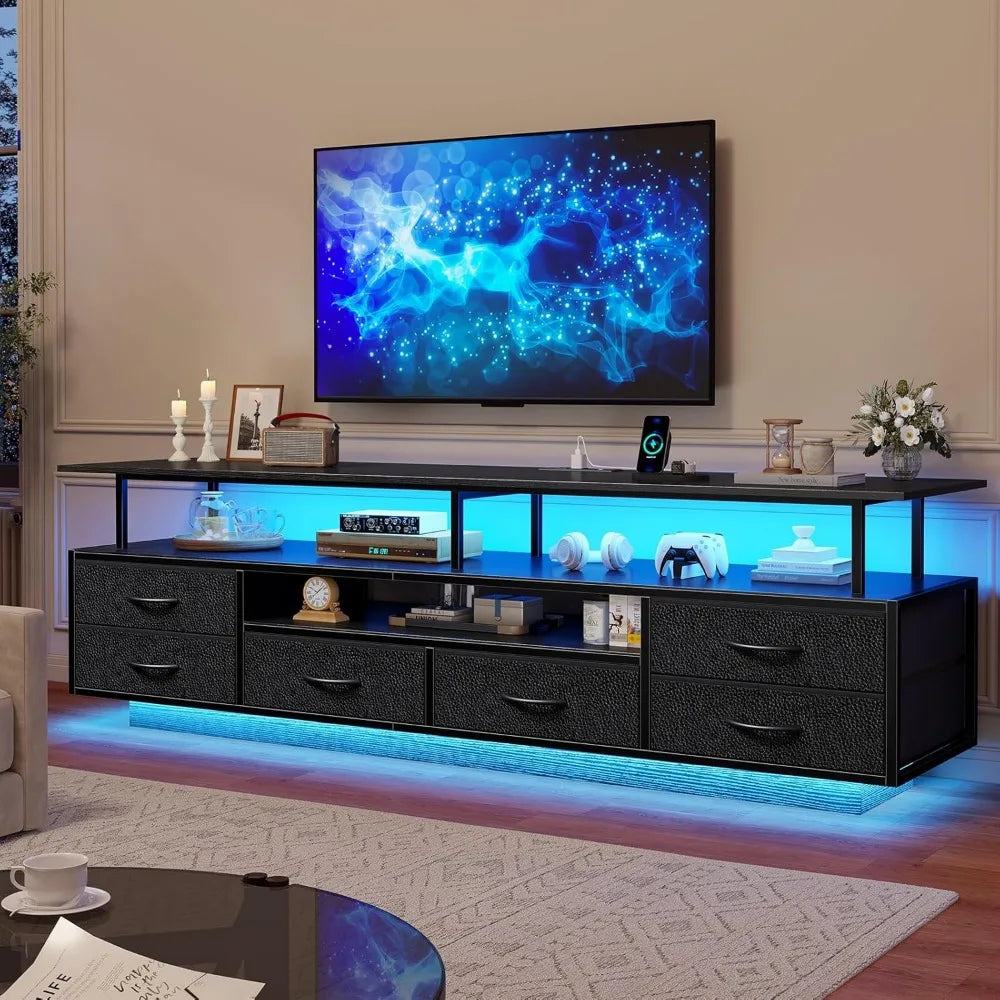 Entertainment Center for 65-70 Inch TVs with LED Lights, Power Outlets, Open Shelves & 6 Fabric Drawers