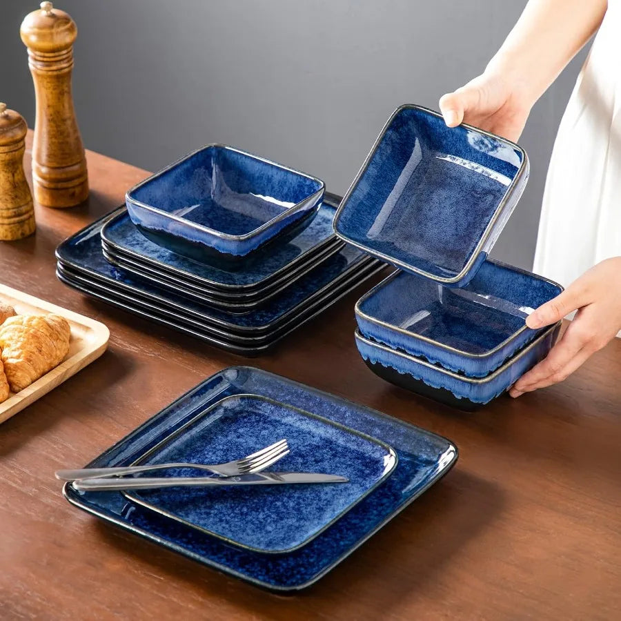 Stern Blue Dinnerware Set Square Tableware 16 Pieces Kitchen Dinnerware Stoneware Crockery Set with Dinner Plate Dessert Plate