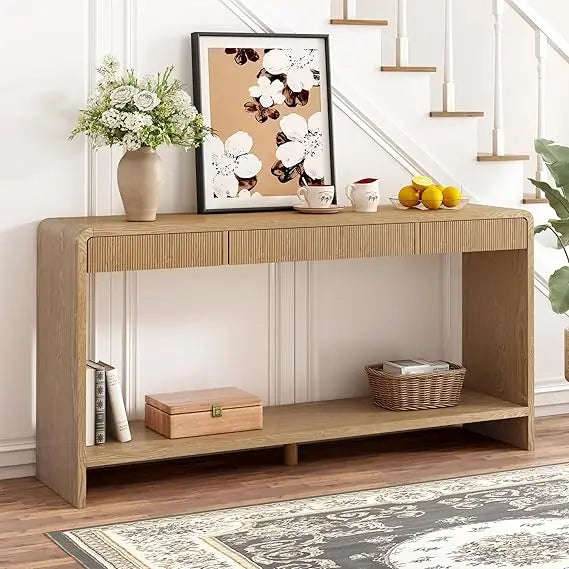 Modern Fluted Console Table with 3- Drawer, Rustic Farmhouse Entryway Table, Round Edge Sofa Table Design with Vertical Slats fo