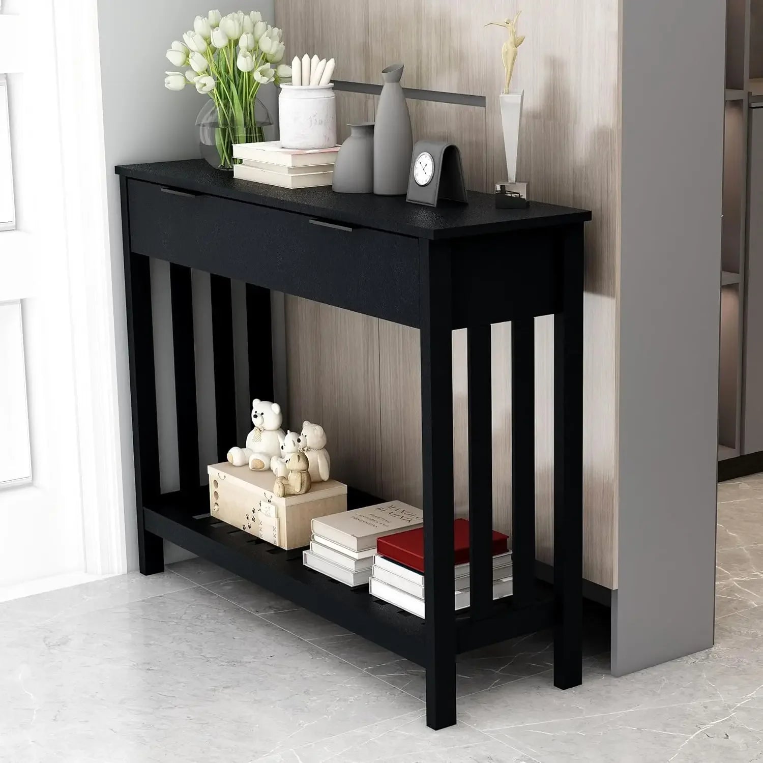 Black Entryway Table with Drawer Modern Wood Narrow Console Table with Storage, Hallway Sofa Tables for Living Room, Black
