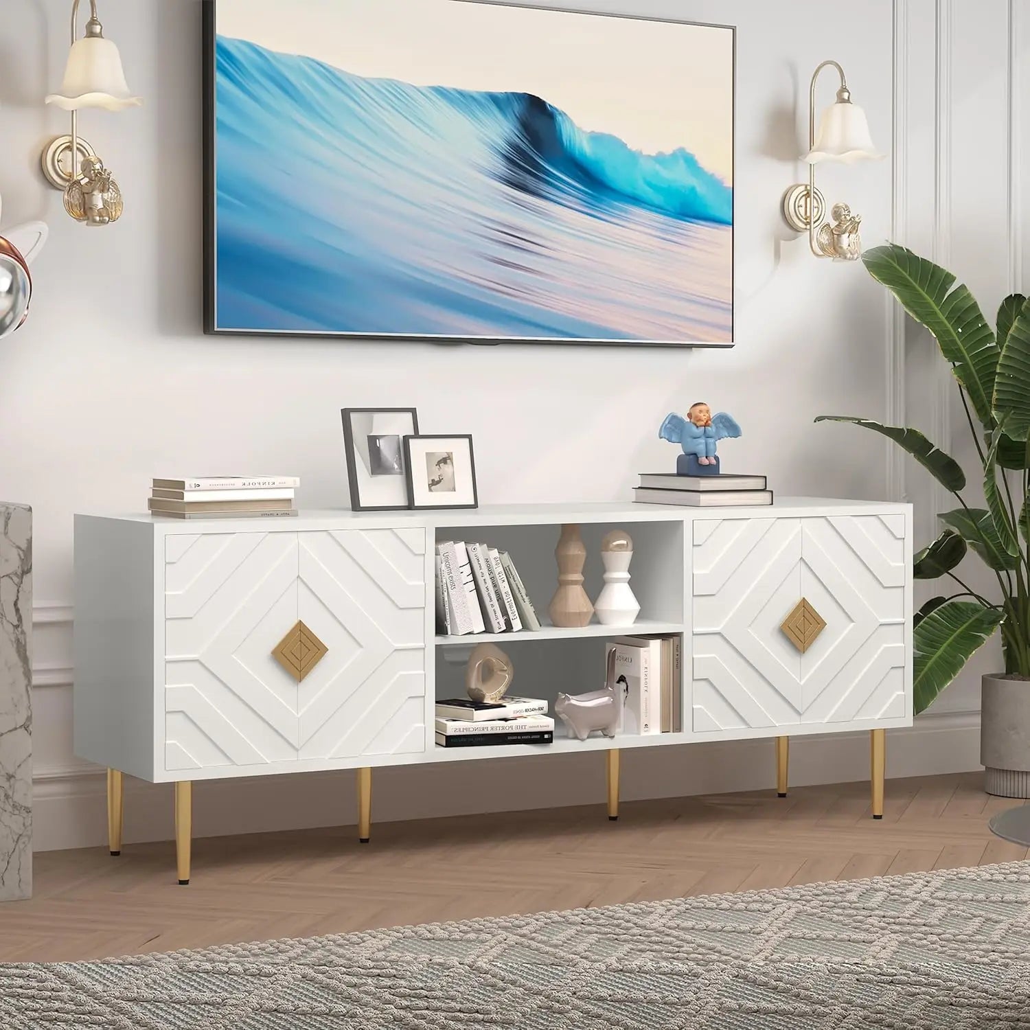 63'' White TV Stand for 65/70/75 inch TV, Entertainment Center with Storage Cabinets and Embossed Pattern Doors, Mid Century Mod