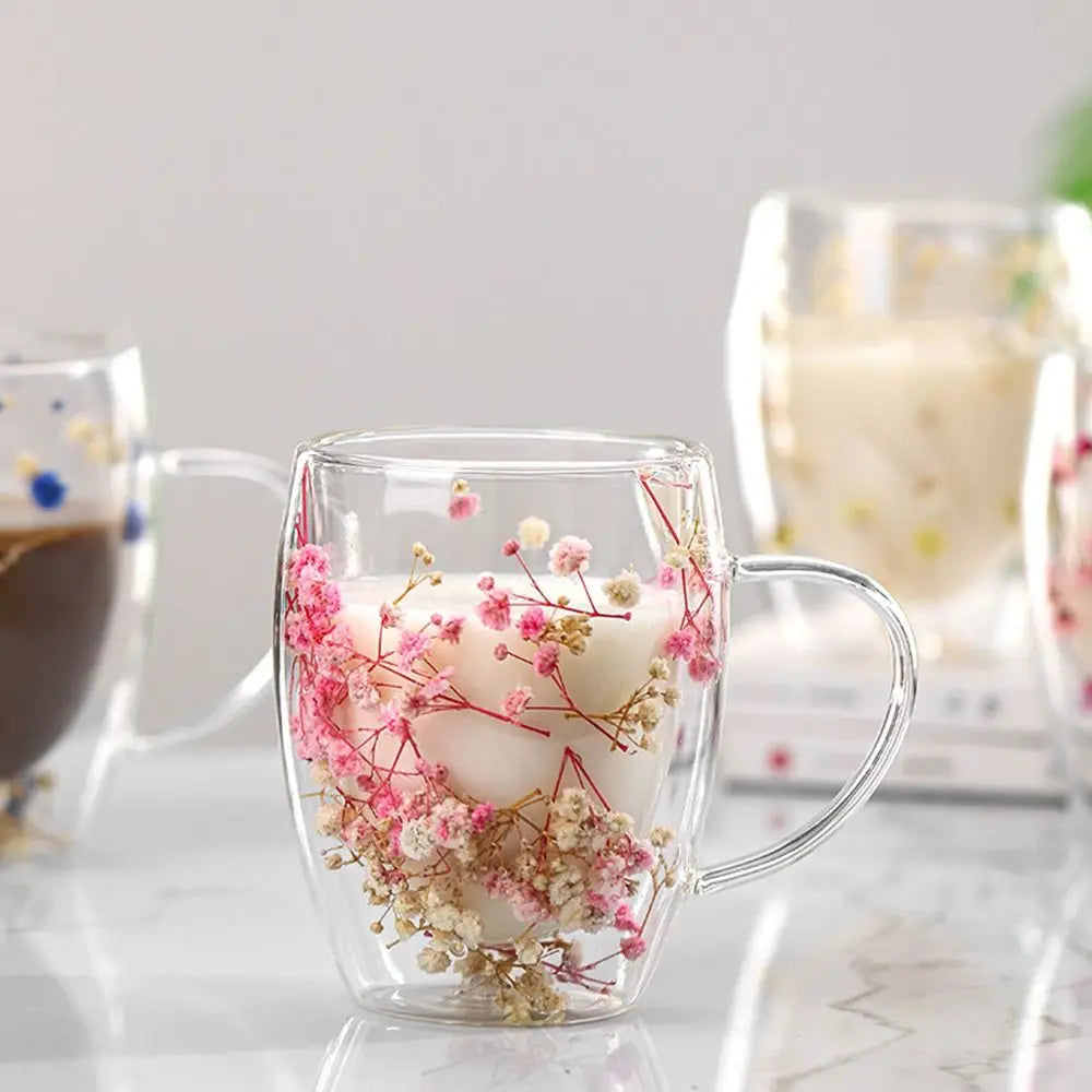350ml Dried Flowers Glass Mugs with Handle Simple Elegant Double Wall Glass Cup Creative Heat Resistant Coffee Mug Home&Office