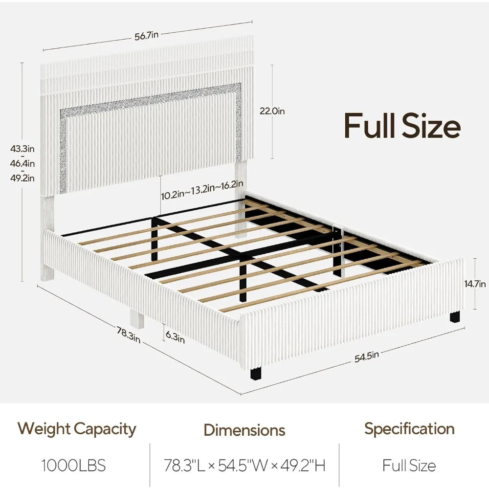 Full Size Corduroy Upholstered Bed Frame with Headboard – LED Platform Bed with Silver Glitter Trim