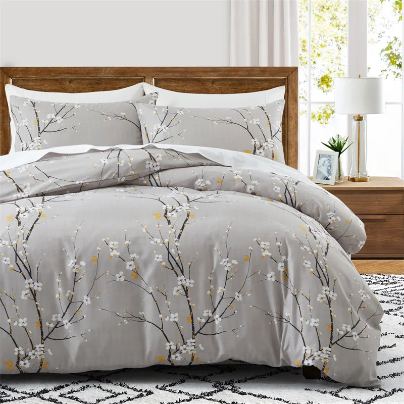 Sage Green Floral Duvet Cover Twin Queen 2/3 Pieces Flower Plum Blossom Bedding Set Reversible Botanical Branch Comforter Cover