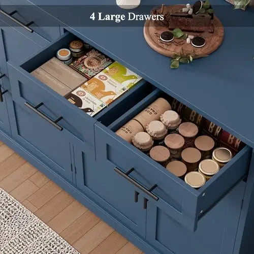 60' Modern Buffet Sideboard with 4 Drawers, Gold Handles, Blue Kitchen Cabinet