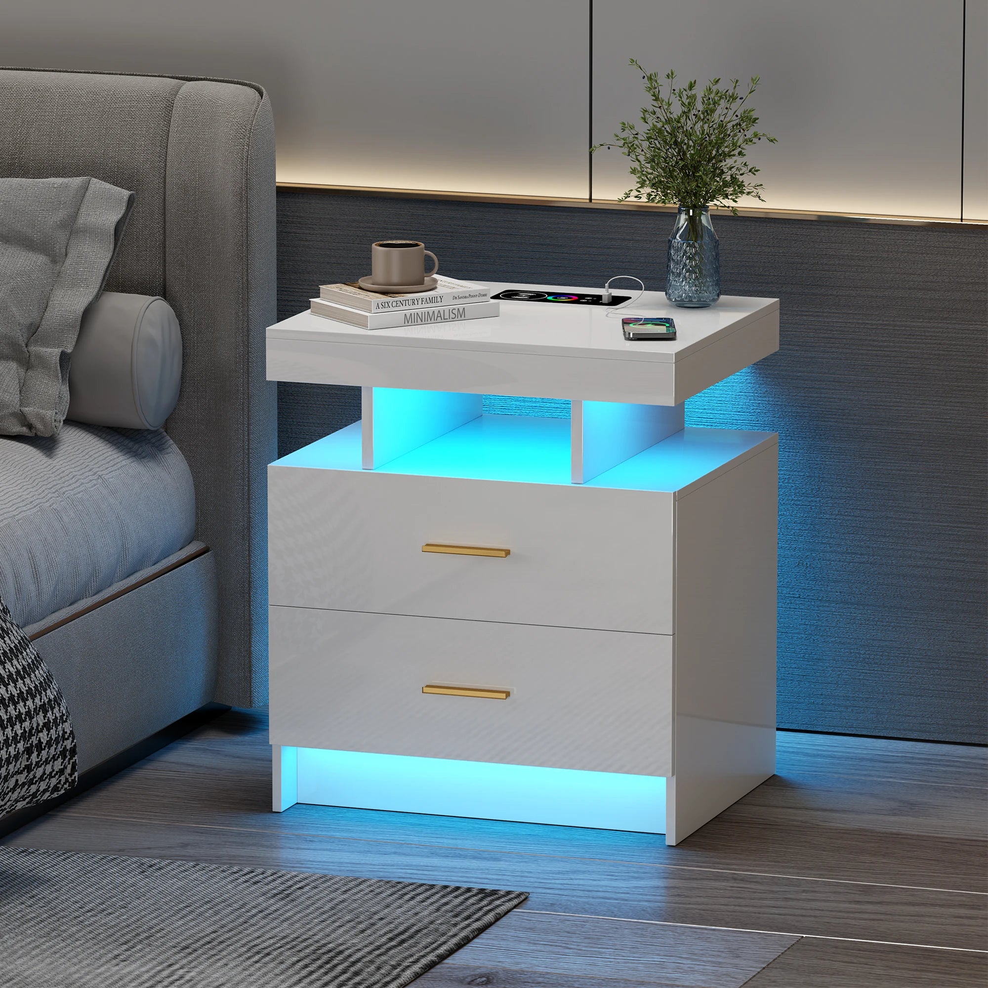 JDPAG LED Nightstand, RGB Black Night Stand with USB/Wireless Charging Station, Modern Bedside Table has Auto Sensor RGB Lights