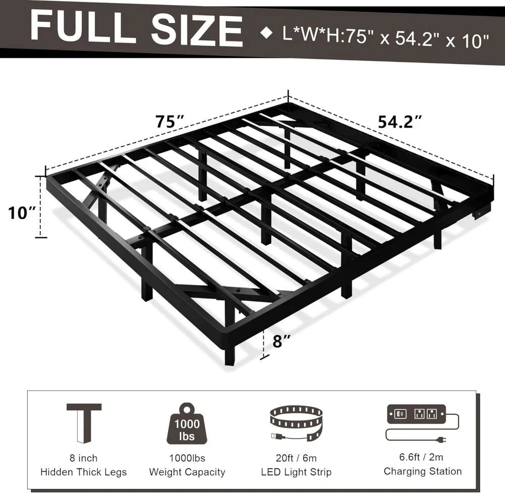 Full Size Floating Bed Frame with Charging Station & LED Lights – Heavy-Duty Steel Slats (Black)