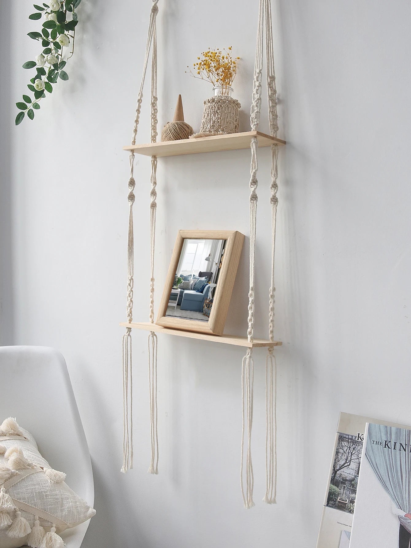 Wooden Wall Shelf Macrame Display Stand Boho Art Home Decoration Floating Shelf Nordic Wall Decor Living Room Nursery Aesthetics