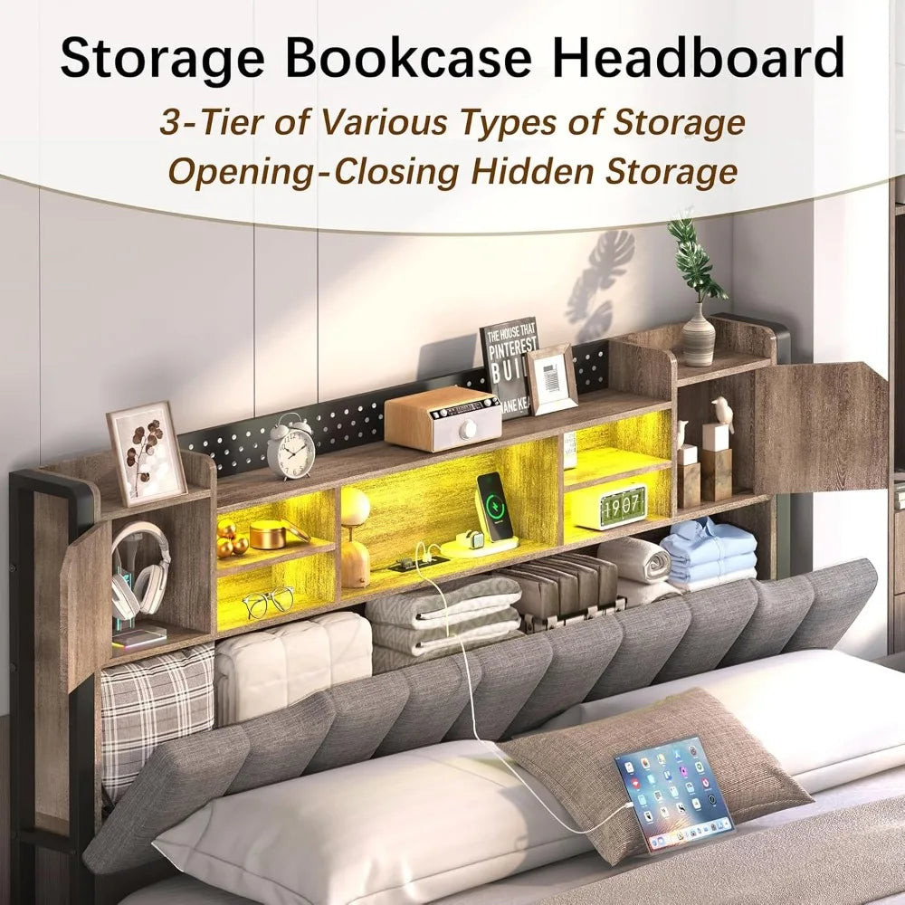 Queen Upholstered Bed Frame with Storage Bookcase Headboard & LED Lights – USB Charging Station