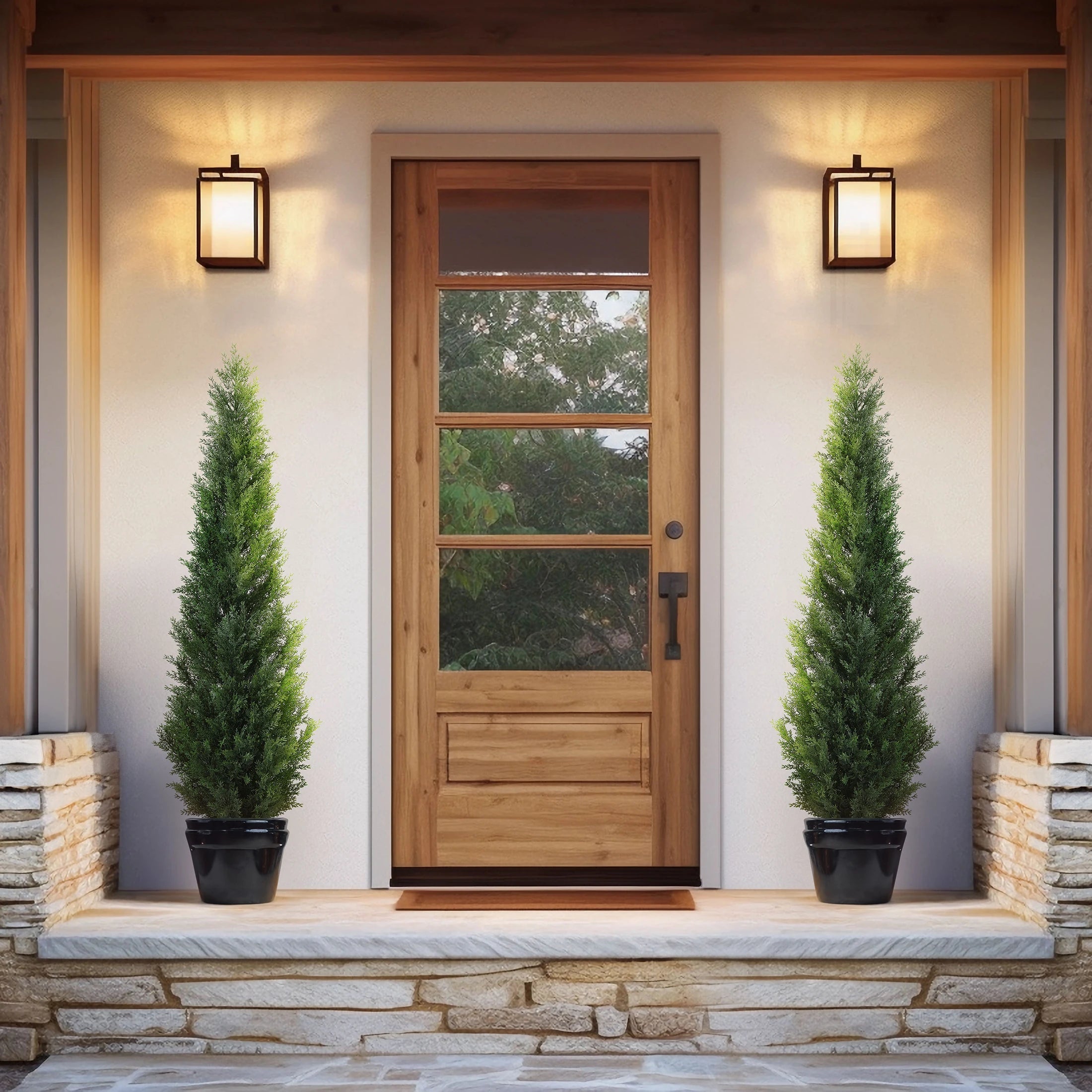 Artificial Topiary Cedar Trees 5FT Tall 2 Set, Outdoor Indoor Faux Pine Shrubs Plants, Realistic Fake Plants Front Porch Decor