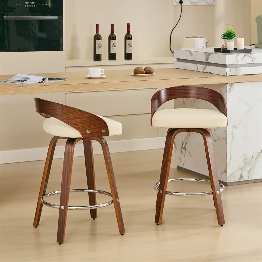 Swivel Bar Pub Stools with Low Back – Wood Legs (Set of 2)