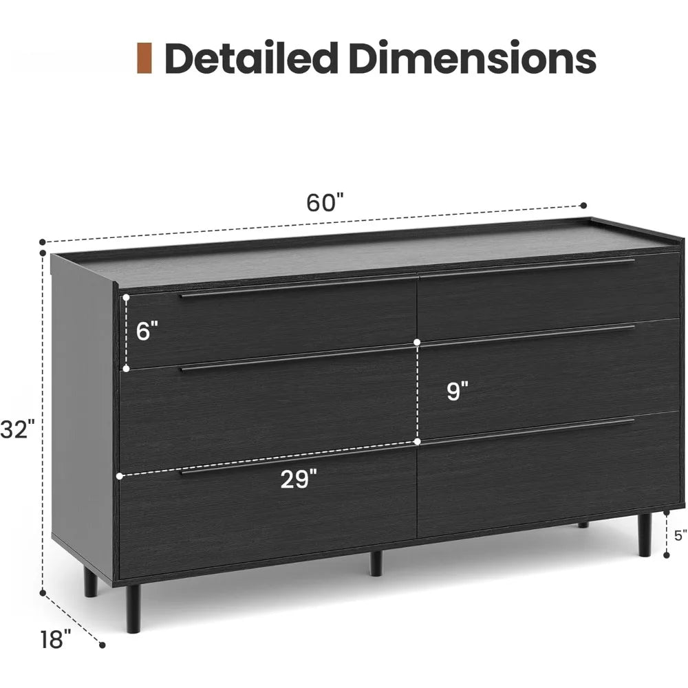 Modern Minimalist 60" Black Dresser for Bedroom, Large 6 Drawer Storage Cabinet with Sleek Metal Handles, Clothes Organizer