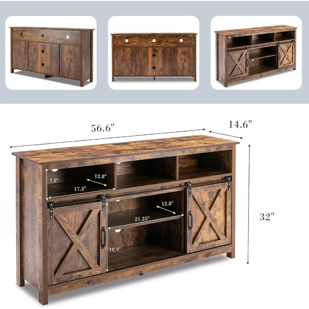 Farmhouse Coffee Bar Cabinet – Rustic Buffet Cabinet with Sliding Barn Door & Power Outlets