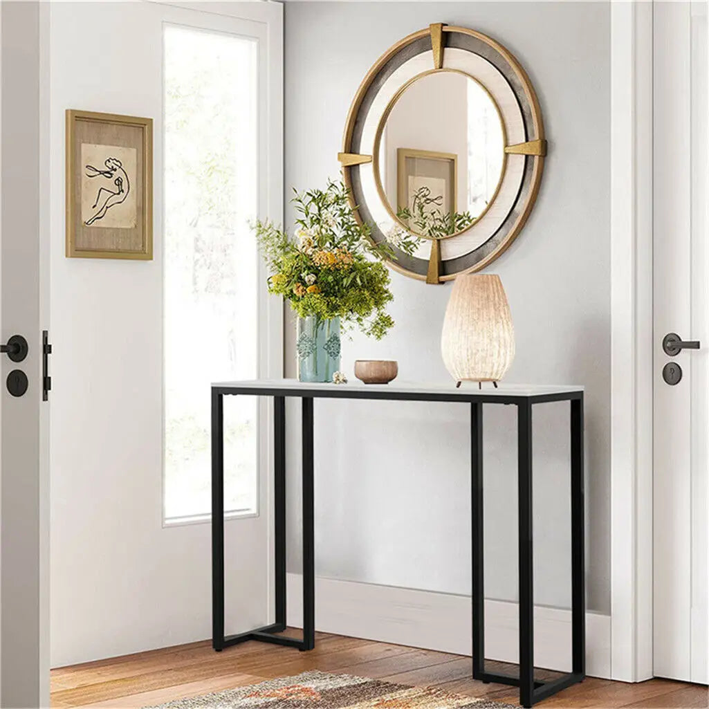 LUVODI Modern Console Table White Long Entryway Foyer Marble Sofa Behind Table with Black Metal Legs