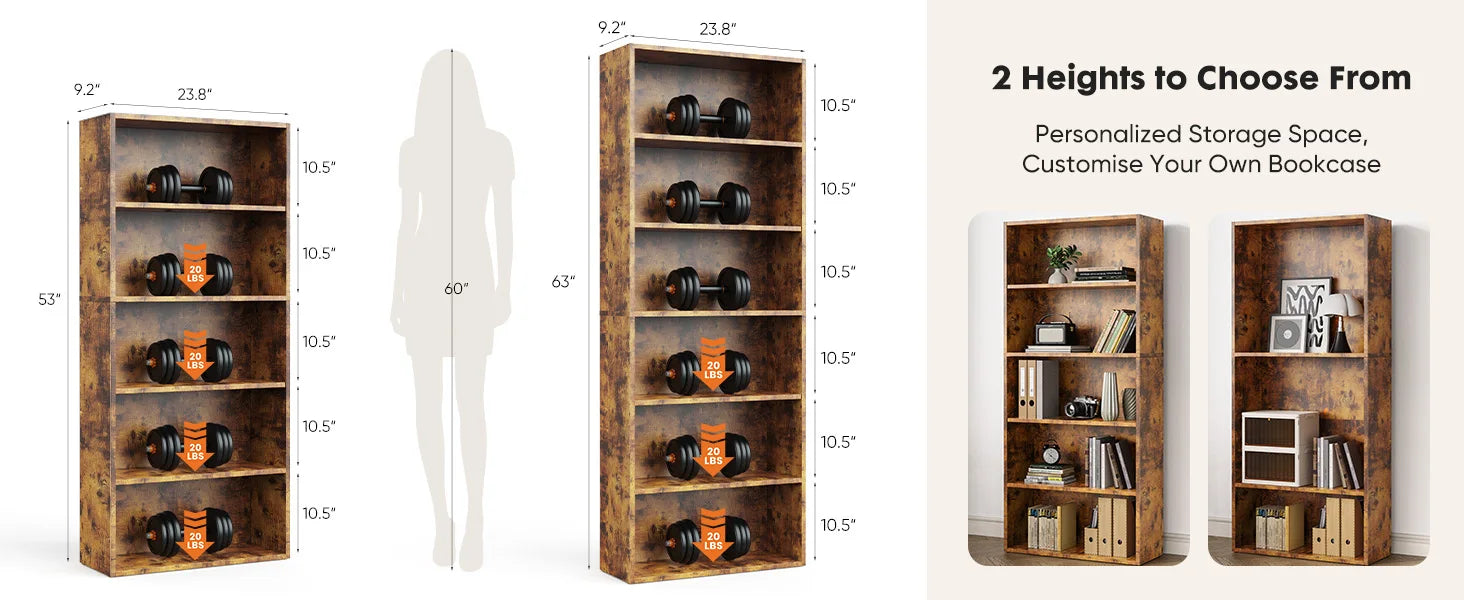 6-Tier Wooden Shelf Bookcase – 63″ Tall Floor-Standing Open Bookshelf