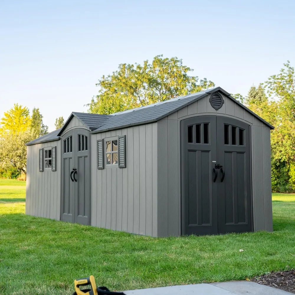 20x8 Ft Outdoor Storage Shed, Gray HDPE Construction, Steel-Reinforced Walls, Dual-Ewntry Design with Lockable Doors