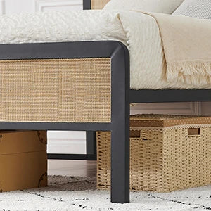 Metal Platform Bed Frame with Rattan Headboard & Footboard – Rounded Corners