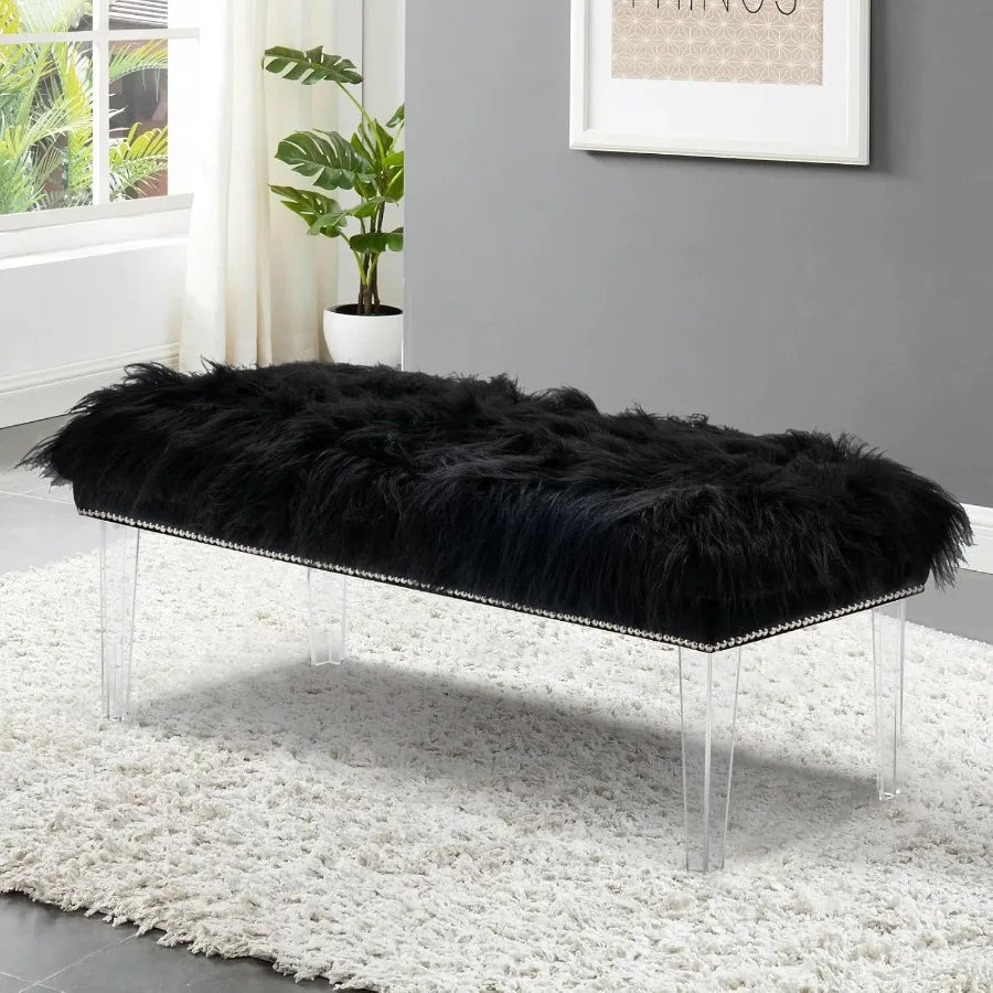 Black Upholstered Bedroom Bench – 46″ White Faux Fur Tufted Bench