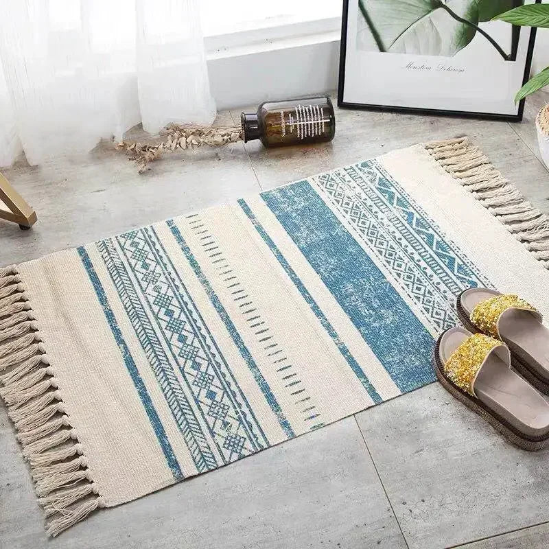60*90CM Living Rooms Bedrooms Home Decor Retro Bohemian Hand Woven Cotton Linen Carpets Tassel Bedside Rug Geometric Floor Mat
