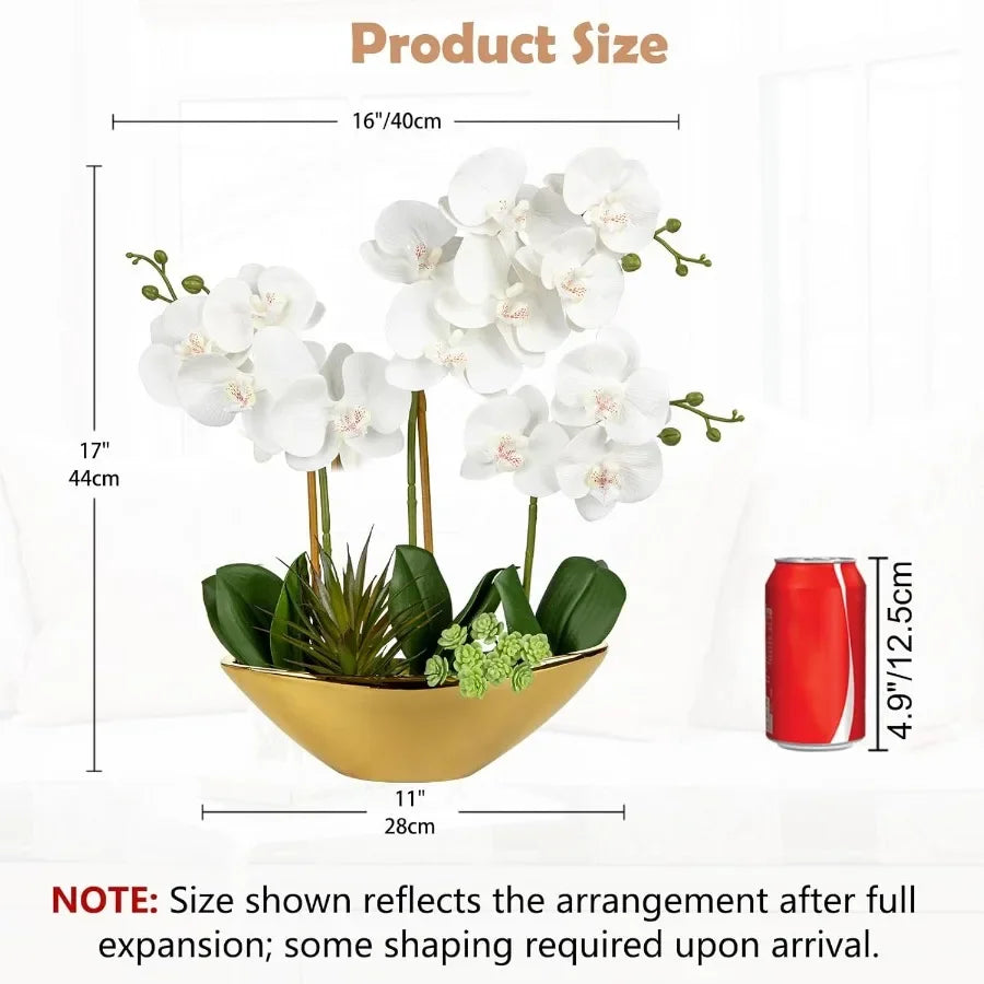 17inch White Fake Orchid Silk Flowers with Gold Ceramic Pot Faux Orchid Arrangement for Home Office Room Coffee Table Centerpie