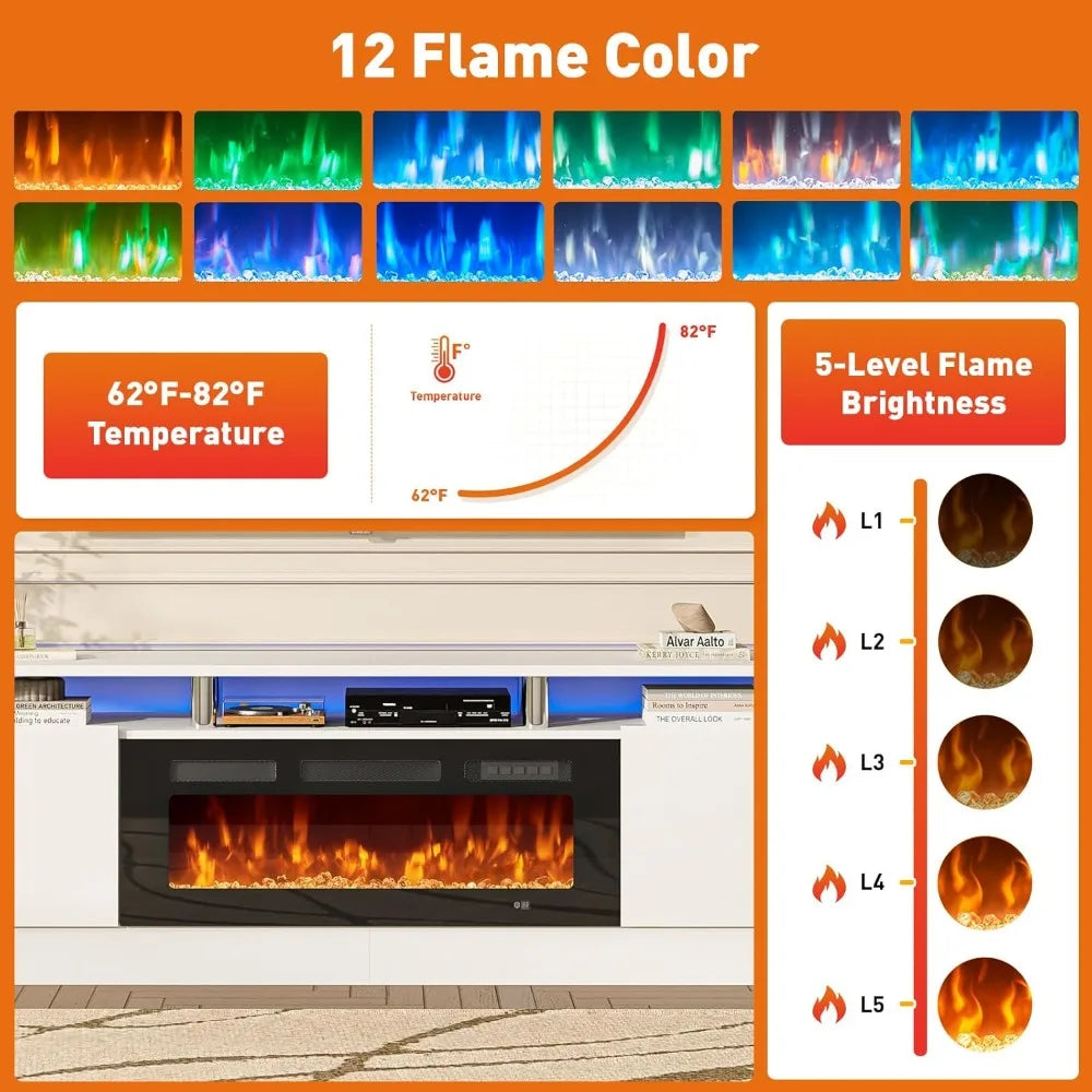 80" Modern Entertainment Center with 36 Inch Electric Fireplace Remote Control LED Light Fire Place - Wood TV Stand