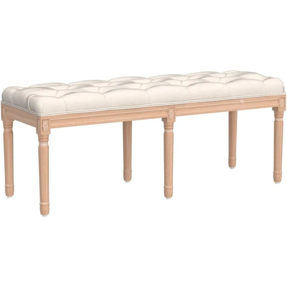 Vintage French Tufted Upholstered Bench – 47″ Linen Cushion
