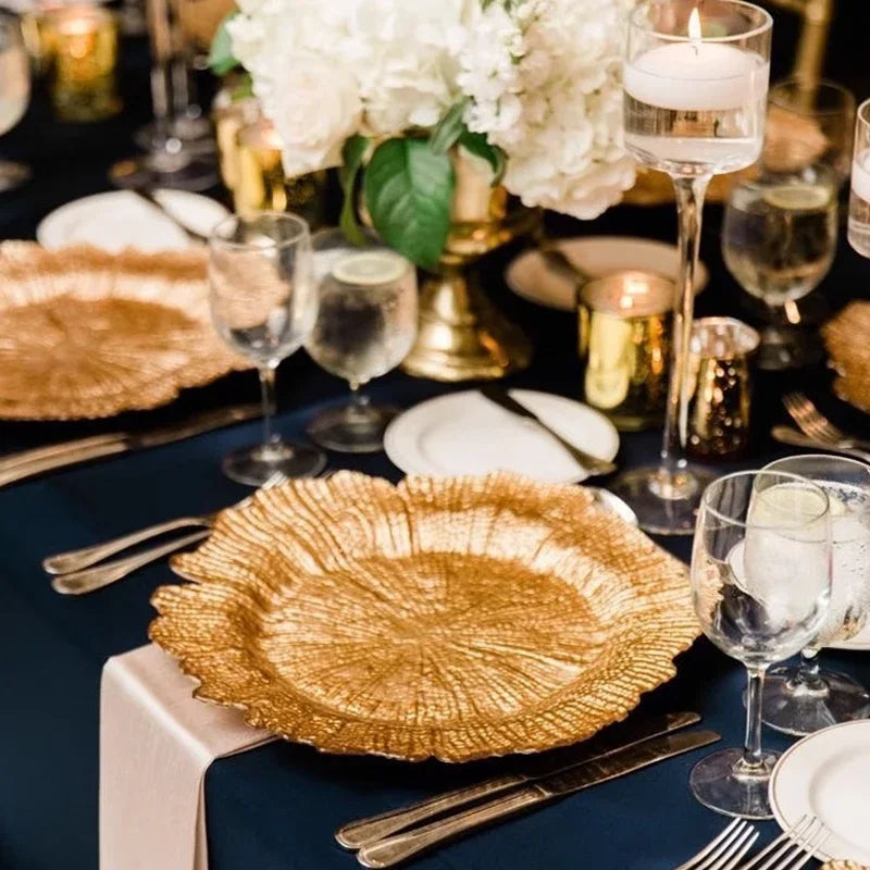 13″ Gold Charger Plate with Floral Reef Ruffled Rim – Decorative Dinner Charger