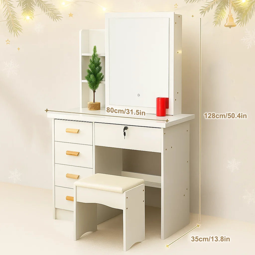 Holiday Makeup Vanity Desk with Mirror & Drawers, Modern Dressing Table with Storage for Bedroom, Space-Saving Gift