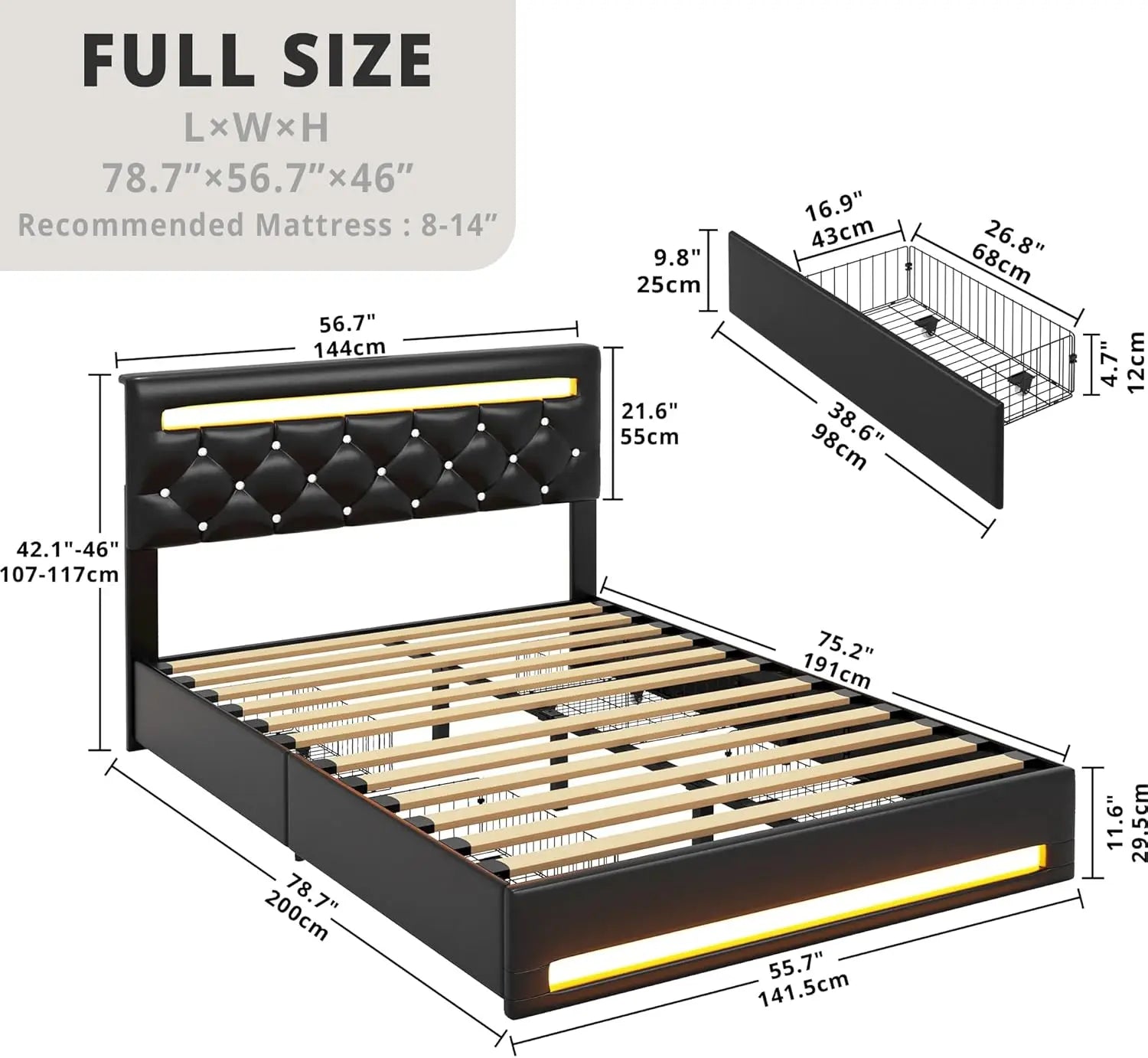 Full Size PU Leather Platform Bed Frame with LED Light & 4 Storage Drawers (Black)