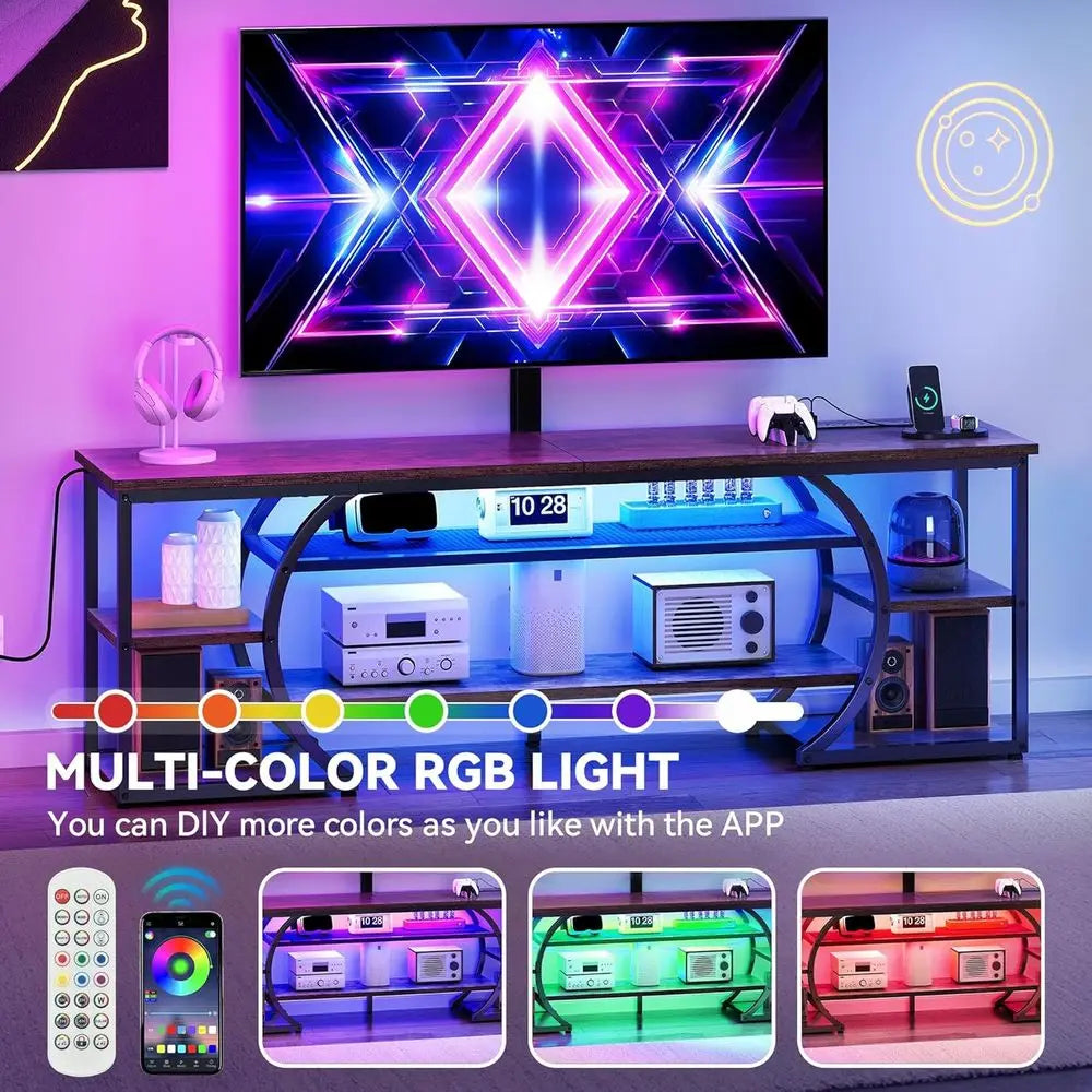 65-70 Inch TV Stand with Mount, Living Room LED TV Stands with Power Outlets, Entertainment Center, Wood TV Console Table, Rusti