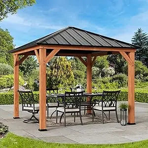 Modern Shade Tranquil Grove Wood Gazebo 10' x 10', Permanent Grill Gazebo with Galvanized Steel Hardtop Roof, Cedar Framed