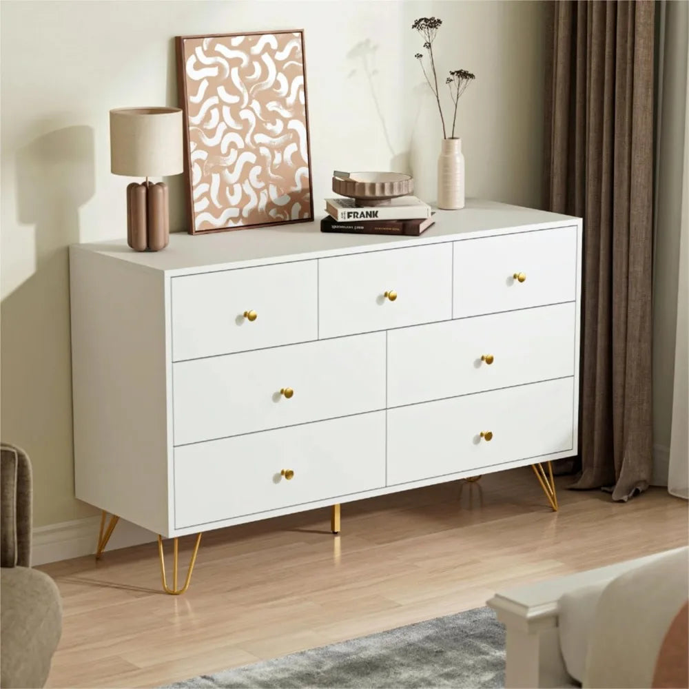 White Dresser for Bedroom, Modern 7 Drawer Dresser with Gold Handles and Metal Legs, White and Gold Dressers & Chest of Drawers