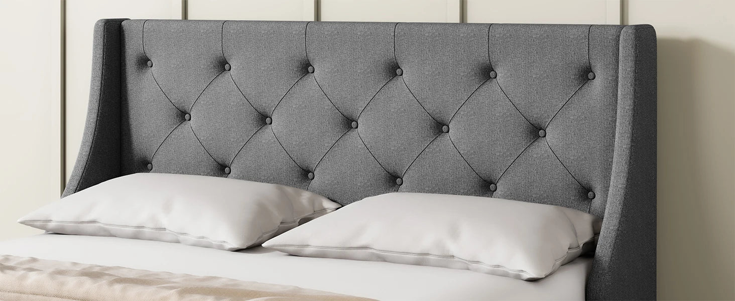 Upholstered Platform Bed Frame with 4 Storage Drawers – Wingback Button-Tufted Headboard