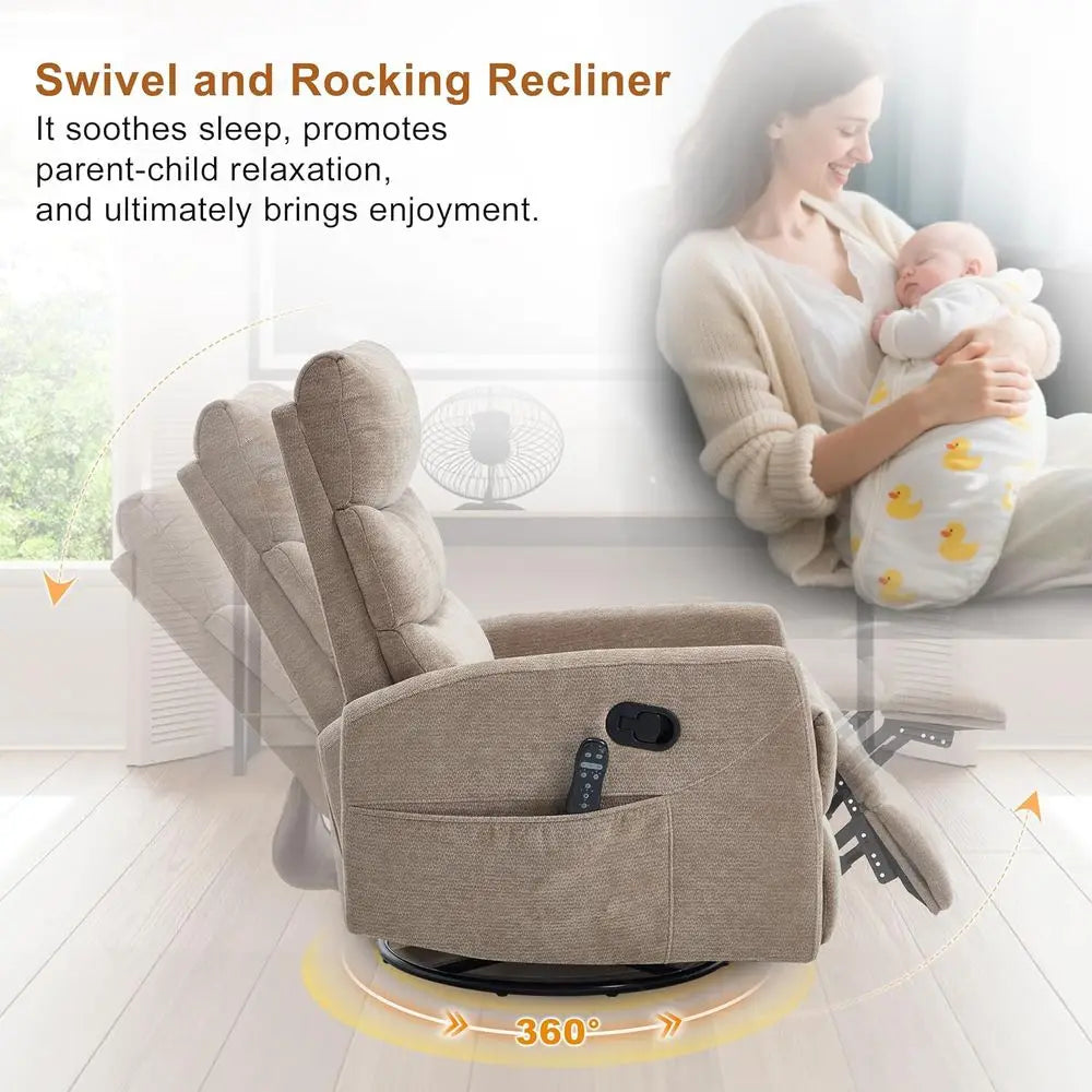 Upholstered Swivel Rocker Recliner with Vibration Massage, Plush Glider Chair with Lumbar Heat for Nurseries, Living Room Reclin