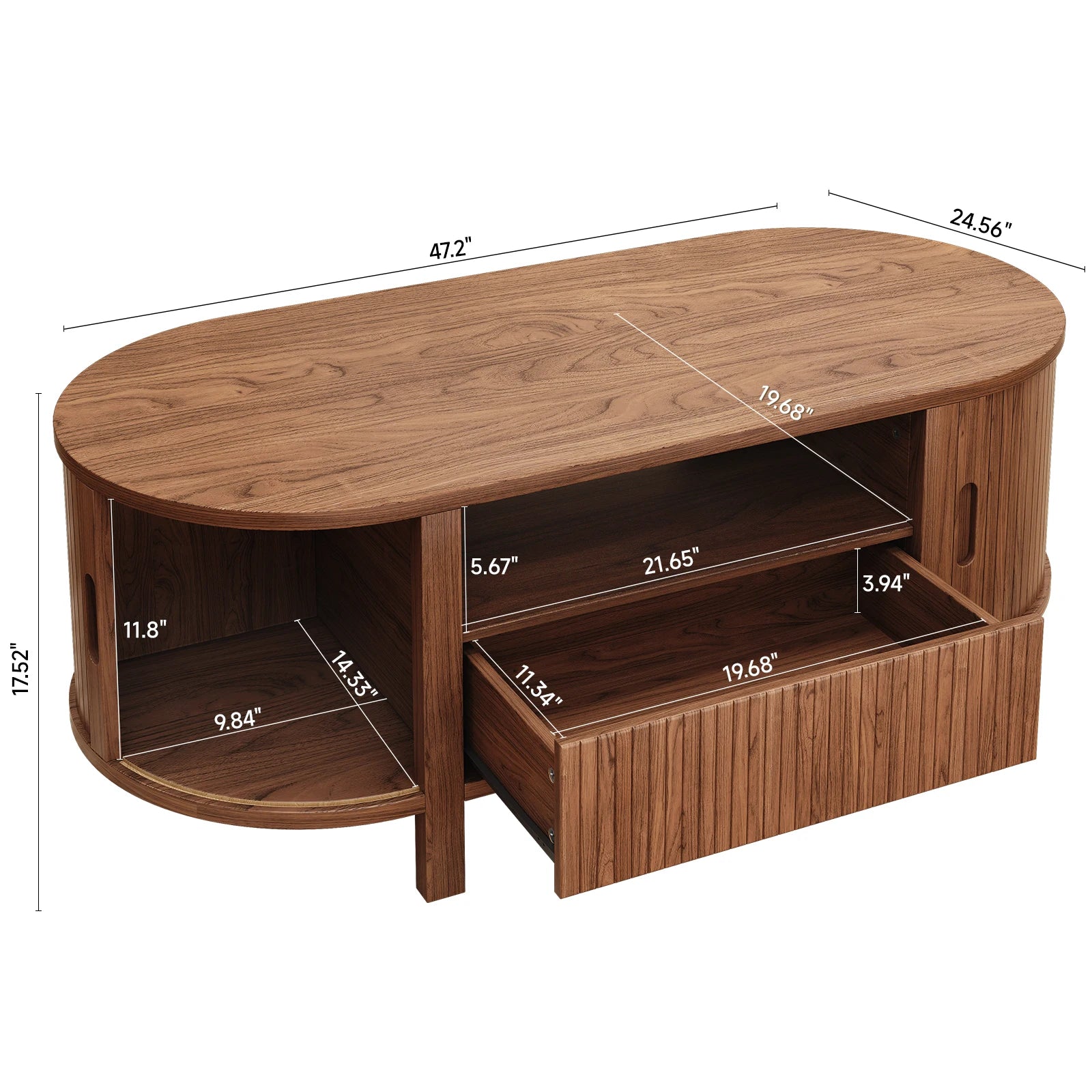 47” Oval Fluted Coffee Table – Mid-Century Modern Center Table with Sliding Door Cabinets