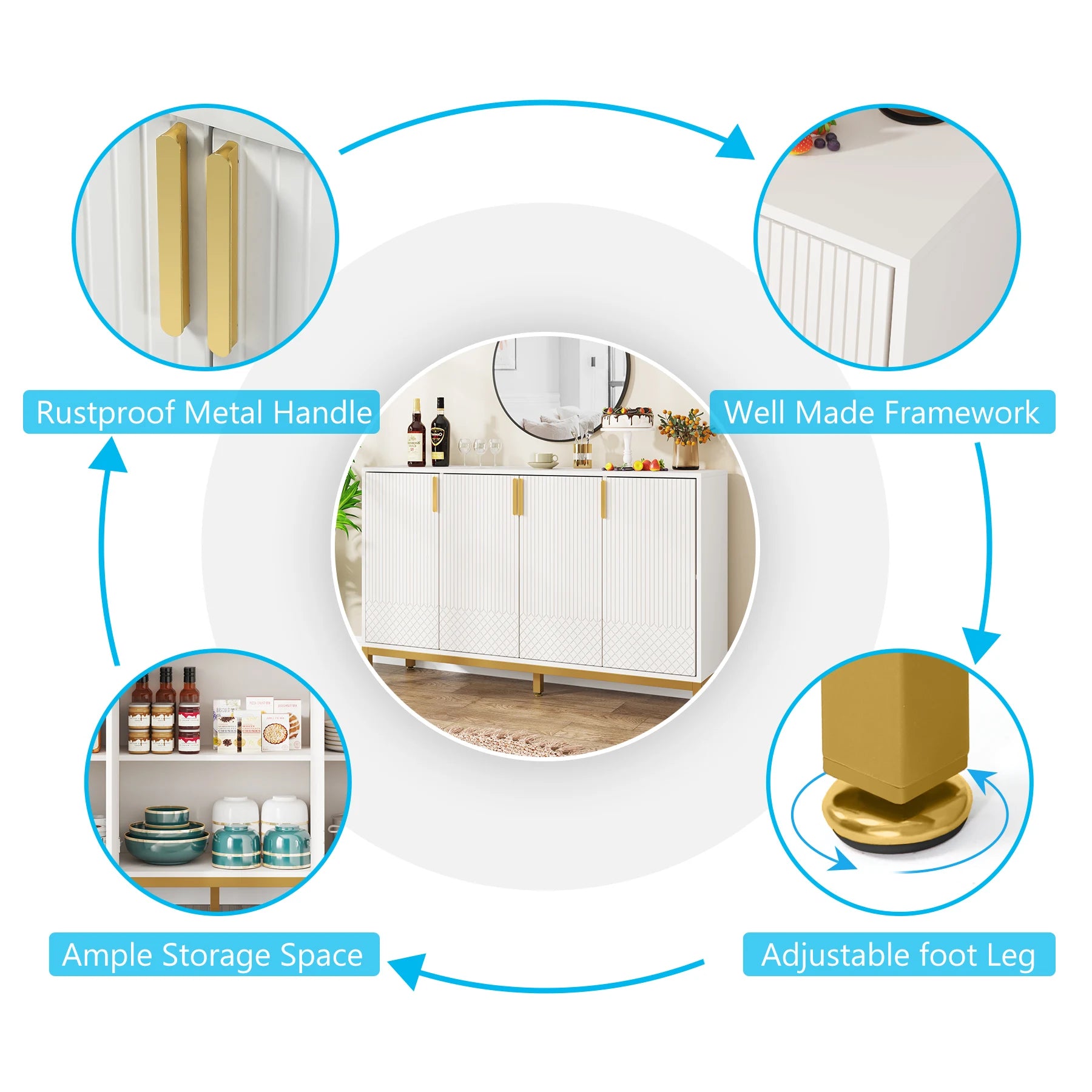 Tribesigns Modern Storage Cabinet, 59 Inch Console Cabinet Sideboard Buffet Cabinet with 4 Doors & Gold Metal Base