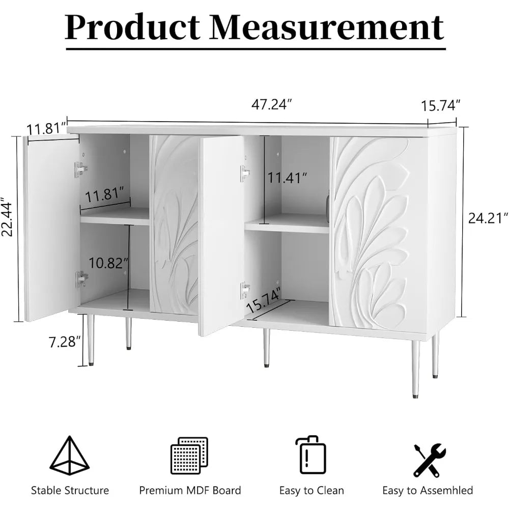 Sideboard Buffet Cabinet with 3D Flower Pattern, Accent Cabinet with 4 Doors & Adjustable Shelves, Wood Decorative Credenza with