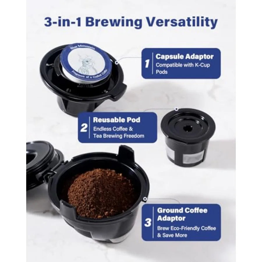 3-in-1 Single Serve Coffee Maker – K-Cup Pod, Ground Coffee & Tea Brewer (6–14 oz)