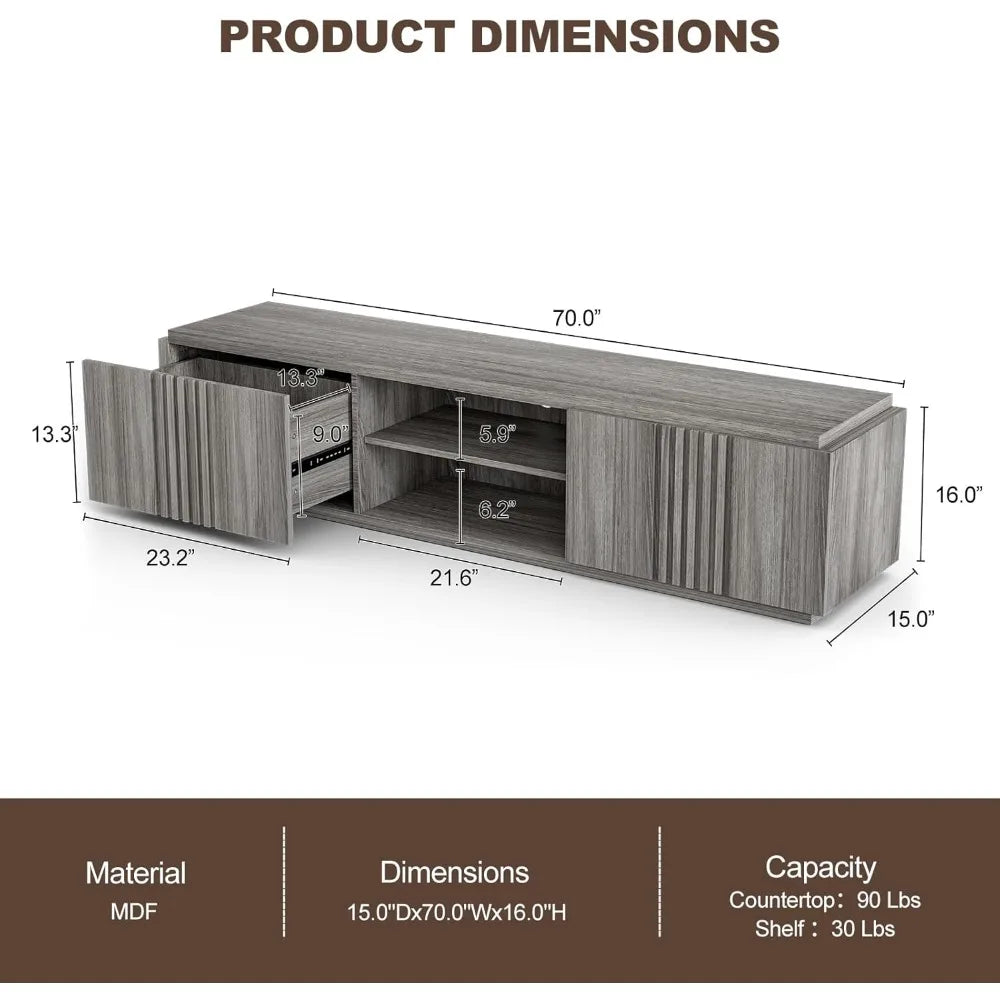 70-inch BELLEZE TV Stand with Oversized Drawers and 2-Tier Shelves for 75-inch TVs, Media Entertainment Center Console Table