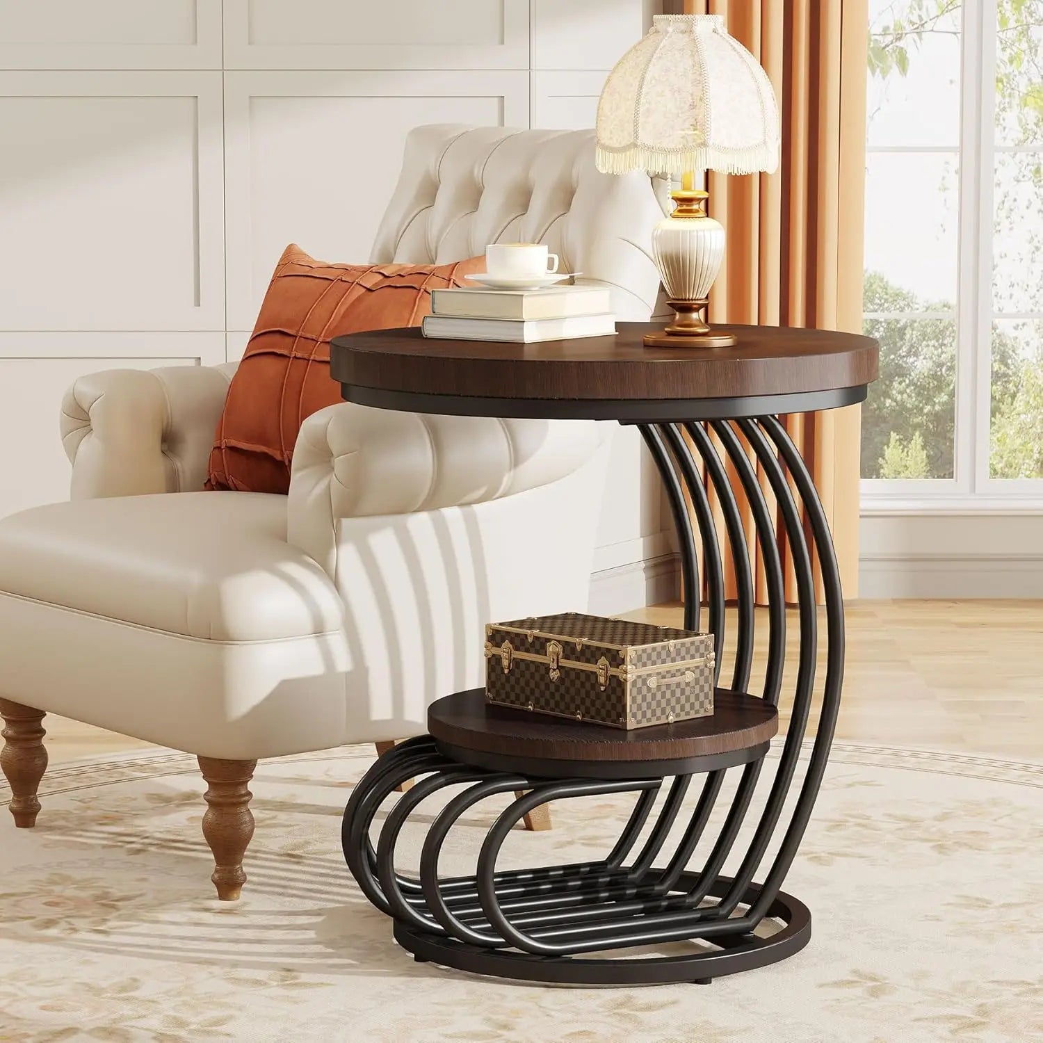 Round End Side Table: Side Table with 2 Tiers Storage Shelves, Vintage End Table for Living Room, Small Bedside Table Accent Tab