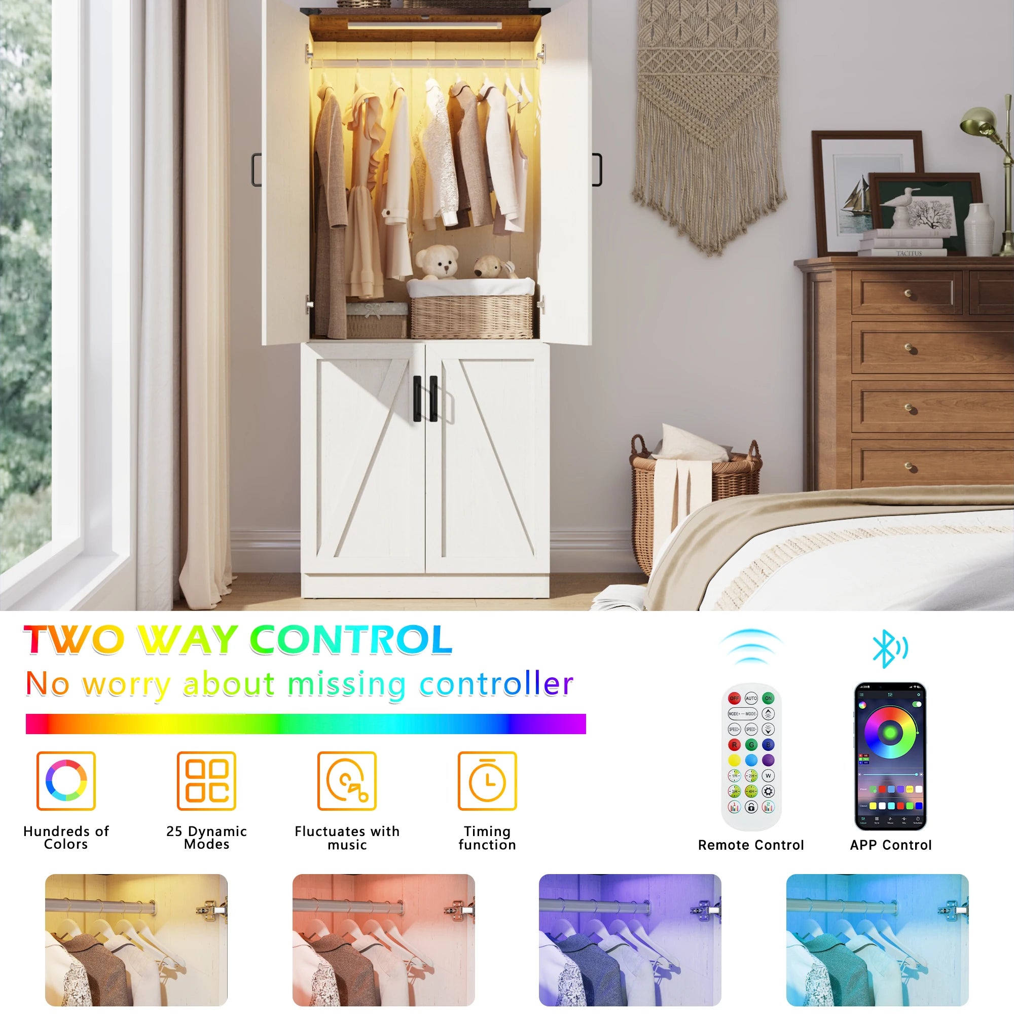 75" Tall Farmhouse 2 Doors Armoire Wardrobe Closet with LED, Freestanding Closet Wardrobe Cabinet for Bedroom